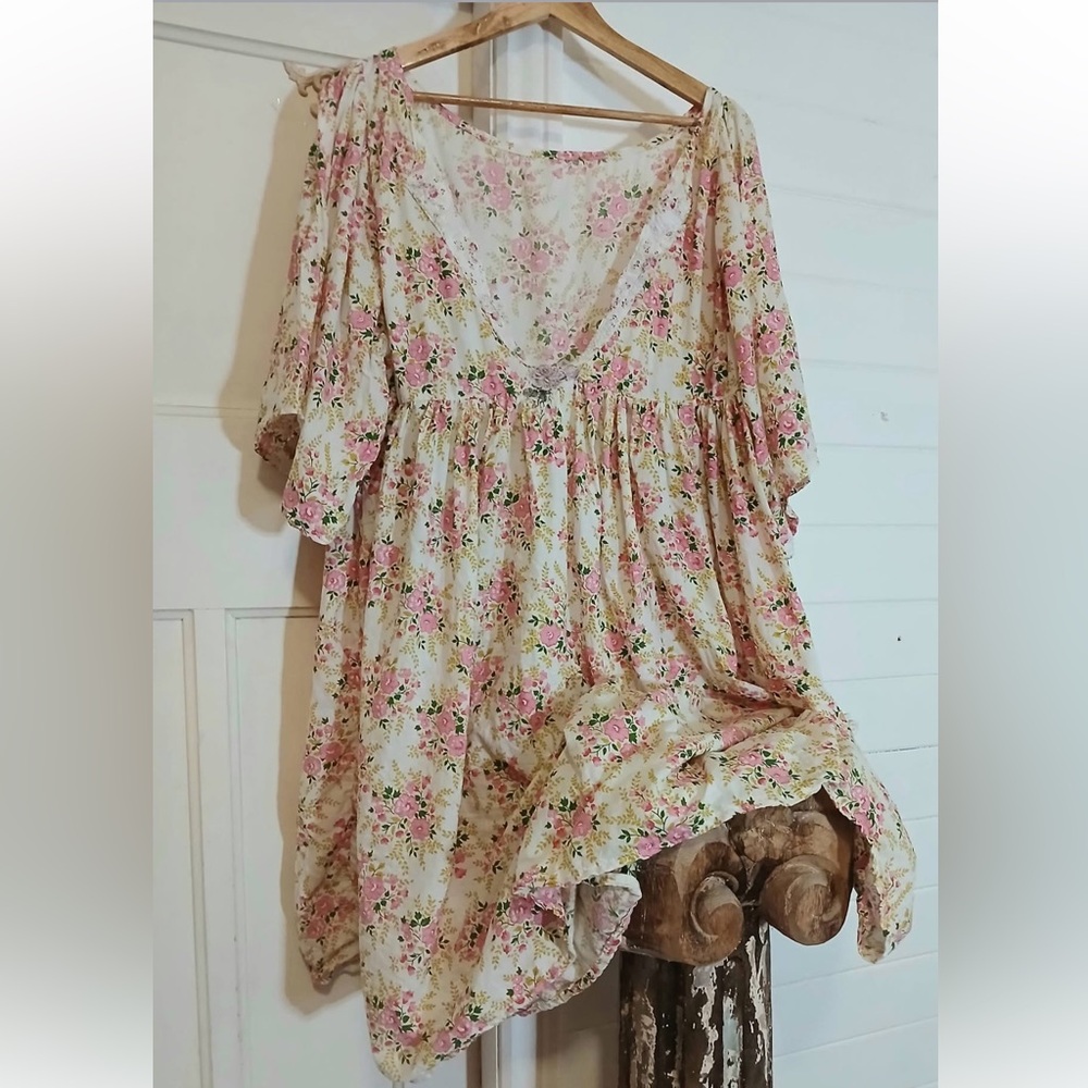 OOAK Floral Babydoll Peasant midi dress - Pink & Cream